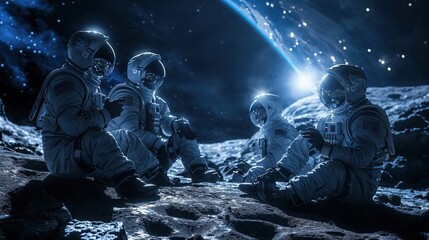 The image shows a group of astronauts in modern space gear resting together on the moon's surface under a starry sky