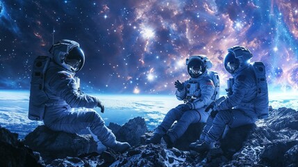 An otherworldly image featuring two astronauts having a conversation while sitting on a desolate, ice-covered extraterrestrial landscape under a starry sky