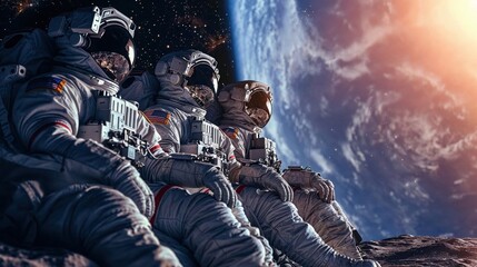 A compelling image showcasing a team of astronauts lined up against the backdrop of space, highlighting the unity and order of space missions