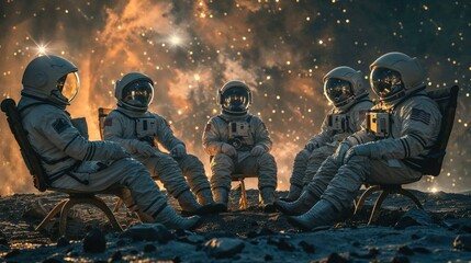 Astronauts gather in a relaxed and informal setting around a campfire, set on an otherworldly, rocky planet with a star-filled sky