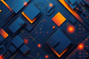 Minimal geometric background. Dynamic blue shapes composition with orange lines. Abstract...
