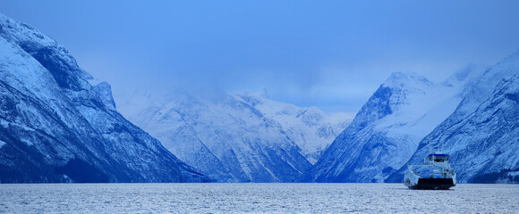 View at the Hjorundfjorden from the Sula island, Norway. - 781466838