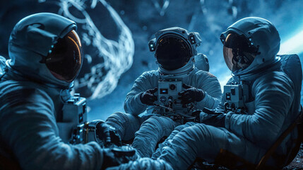 An intense and moody portrayal of astronauts focused on space exploration equipment with a mysterious blue-hued Martian background