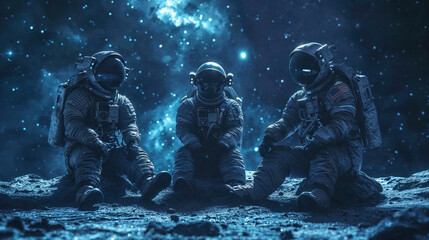 A captivating image showing three astronauts in a casual pose sitting on the desolate lunar landscape under a glistening starry sky