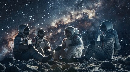 An awe-inspiring scene of a space crew on the lunar ground, with a stunning galaxy cluster illuminating the sky above, symbolizing human curiosity and the quest for knowledge