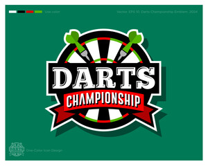 Darts Championship logo. Darts emblem. Darts arrows and target in the circle with ribbons. Identity and app icon.