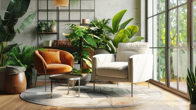 Interior of modern living room with white walls, concrete floor, comfortable white armchair and plant. 3d rendering ,interior render floor lifestyle lamp decor room white house luxury indoor stylish

