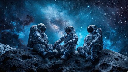 An atmospheric composition displaying a group of astronauts sitting under a cosmic sky, symbolizing the vastness of space and the human spirit of exploration