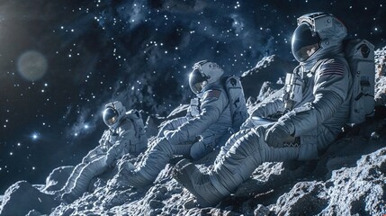 These astronauts are portrayed taking a break on a moon-like terrain with Earth in the background, creating a serene yet adventurous scene