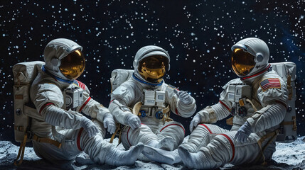 In this 60 character depiction, three astronauts seem to enjoy a friendly gathering  against a stellar backdrop