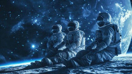 Three astronauts are seated with a dramatic cosmic background, evoking a sense of exploration and companionship in the vast universe