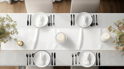 Top view of a neatly set dining table with white dishes, silverware, and a long white table runner