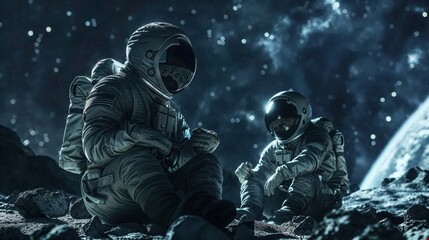 Two astronauts are engaging in an intimate conversation on a space terrain, under the cosmic light, highlighting the human aspect of space missions