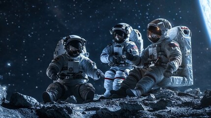 Three astronauts are portrayed against a stunning backdrop of space, seated on rocky terrain, possibly the moon's surface
