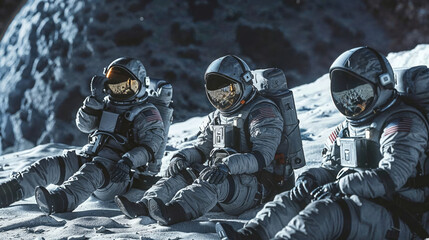 Group of astronauts sit together on the moon's rocky terrain, possibly discussing their next move, amidst the cosmic surroundings - obrazy, fototapety, plakaty