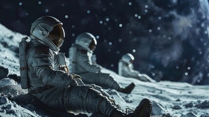Astronaut crew in spacesuits taking a break on the moon with stars in the night sky, depicting space exploration and teamwork