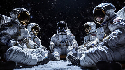 An impactful view of astronaut teamwork, sitting together on the moon's surface with a vast starry sky behind