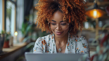 African black business woman using smartphone while working on laptop at office. Smiling mature african american businesswoman looking up while working on phone. Successful woman entrepreneur.