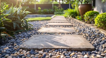A stone walkway with a few plants in the background