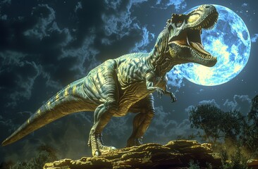 Tyrannosaurus rex, A large T-Rex is standing on a rock in front of a full moon