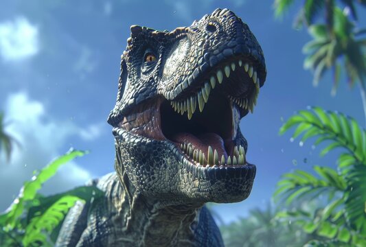 A T-Rex is shown with its mouth wide open, looking at the camera. The image has a moody and intense feel.