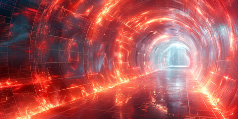 Fototapeta premium A spiral tunnel with bright lights and stars. The tunnel is filled with a bright blue and orange glow