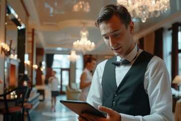 A young male concierge smiling while using a digital tablet in a luxurious hotel lobby, embodying professionalism and hospitality. Concierge with Tablet in Elegant Hotel Lobby