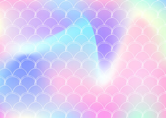 Mermaid scales background with holographic gradient. Bright color transitions. Fish tail banner and invitation. Underwater and sea pattern for girlie party. Colorful backdrop with mermaid scales.