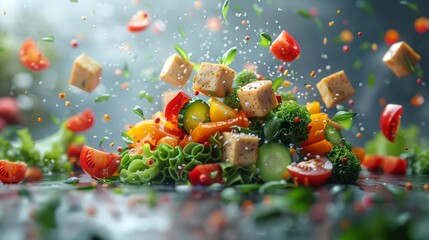 A salad with many different vegetables and pieces of meat - obrazy, fototapety, plakaty