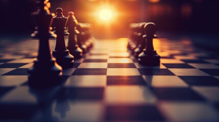 Business strategy concept with chessboard game on sunset background. AI generated image