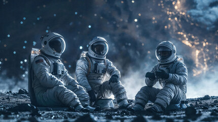 Astronauts unwinding on a celestial body, surrounded by celestial dust and a distant cosmic view