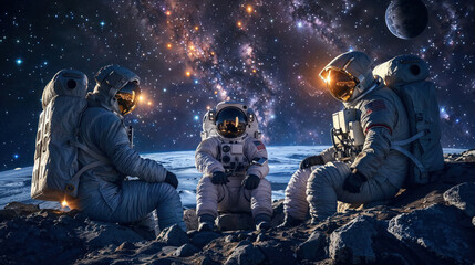 A captivating composition of astronauts seated together on a foreign planet, with an awe-inspiring interstellar backdrop