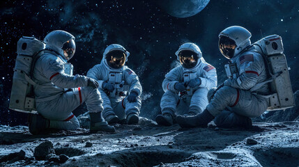 Four astronauts sitting on the lunar surface with a starry sky backdrop, depicting teamwork in space exploration