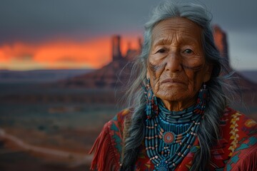 A woman with long hair and a colorful outfit stands in front of a mountain. Concept of solitude and strength, as the woman is alone in the vast landscape. The vibrant colors of her clothing
