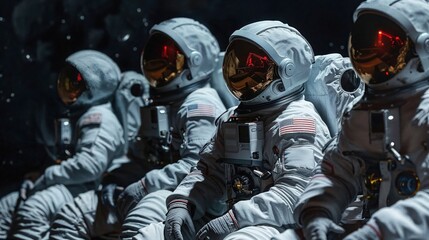 Astronauts huddled together during a space mission, portraying close communication and strategic planning
