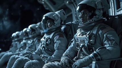 Astronaut team strapped in spacecraft seats, ready for launch, representing anticipation and preparation - 781468069