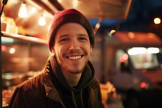 A happy man with a beanie smiling in the warm glow of a food truck at night, reflecting a vibrant urban life. Happy Man Smiling at Night by Food Truck