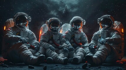 Four astronauts in spacesuits resting on a moon-like terrain with a dark, starry background, depicting a space exploration team