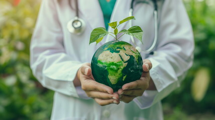 World Health Day. Healthcare professional cradles a globe in their hands, symbolizing global health and care - obrazy, fototapety, plakaty