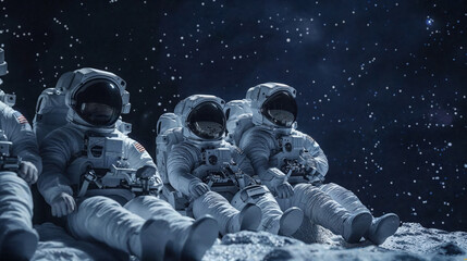 Group of astronauts casually sitting together against a backdrop of a serene, star-filled night sky on a celestial body