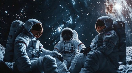 Seated astronaut team engaging with each other on a lunar surface highlighted by stellar dust and cosmic backdrop, suggesting intense discussion