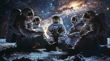 Astronauts sitting together on a moon-like terrain while the galaxy shines brightly with stars and nebulae behind them, creating an awe-inspiring scene