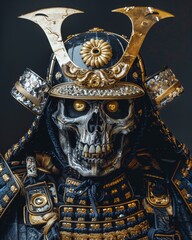Obraz premium A samurai warrior with a skull on his helmet. The skull is surrounded by gold and the helmet is black. The warrior is looking at the camera with a menacing expression