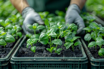 Gardener's hands nurturing young basil plants in potting trays, symbolizing growth and agriculture - obrazy, fototapety, plakaty