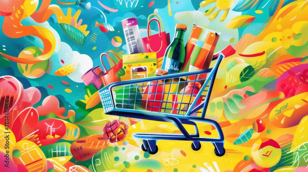 Poster colorful shopping cart illustration with an array of vibrant products and abstract shapes