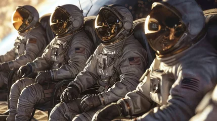 Fotobehang A group of astronauts is captured in a moment of camaraderie, seating together in full space gear, with an earthy backdrop © Fxquadro