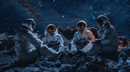 Atmospheric portrayal of astronaut crew in a scene that resembles a cinematic portrayal of a space opera on the moon - 781468414