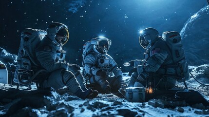 Detailed image of a group of astronauts sitting together on the rocky ground of the moon's surface under a starry sky