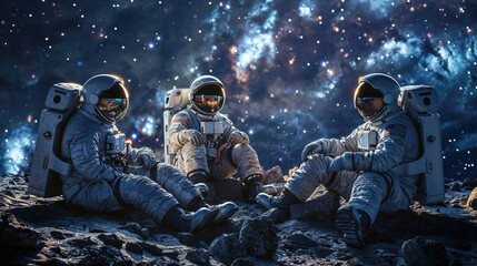 Striking image showcasing three astronauts against the backdrop of a cosmic galaxy, highlighting space adventure and cosmos discovery