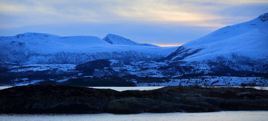 View at the mountains form the Atlantic Ocean Road in winter (Norway).